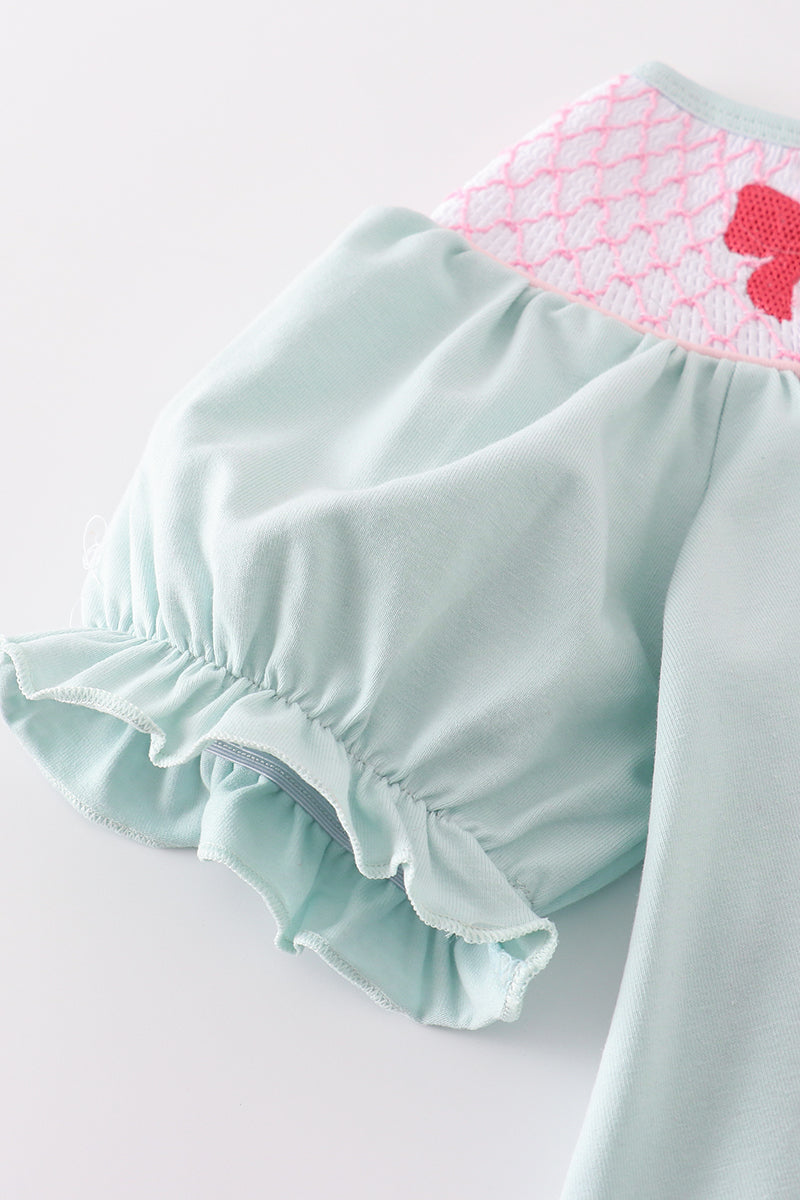 Blue bow pearl smocked bubble
